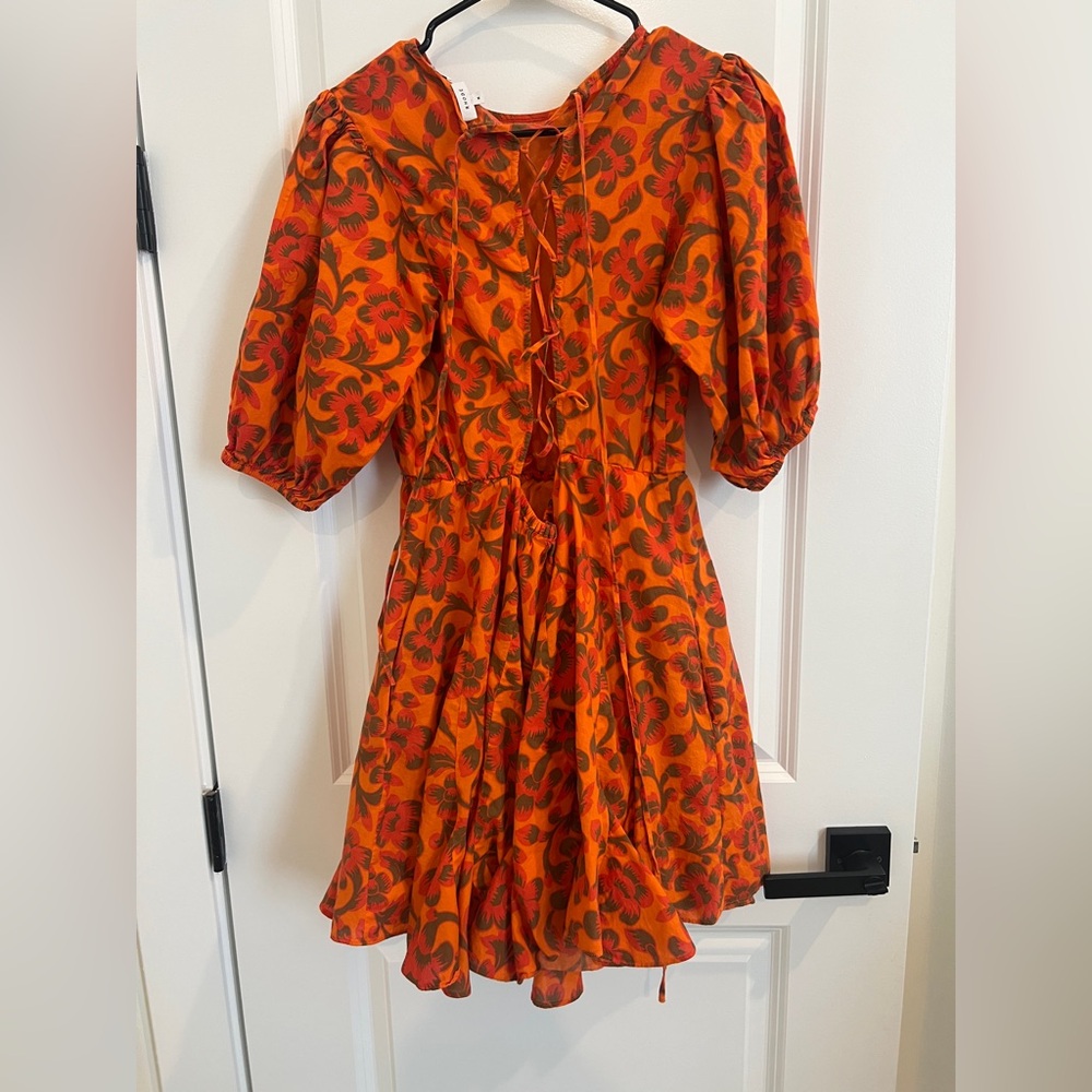RHODE Molly Lace Up Back Dress Printed Puff Sleeve Bohemian Orange Flared New M - Picture 5 of 8